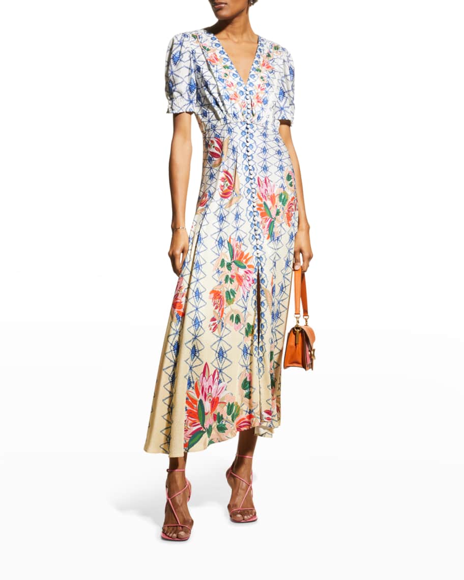 Saloni Lea Printed Long Dress | Neiman Marcus