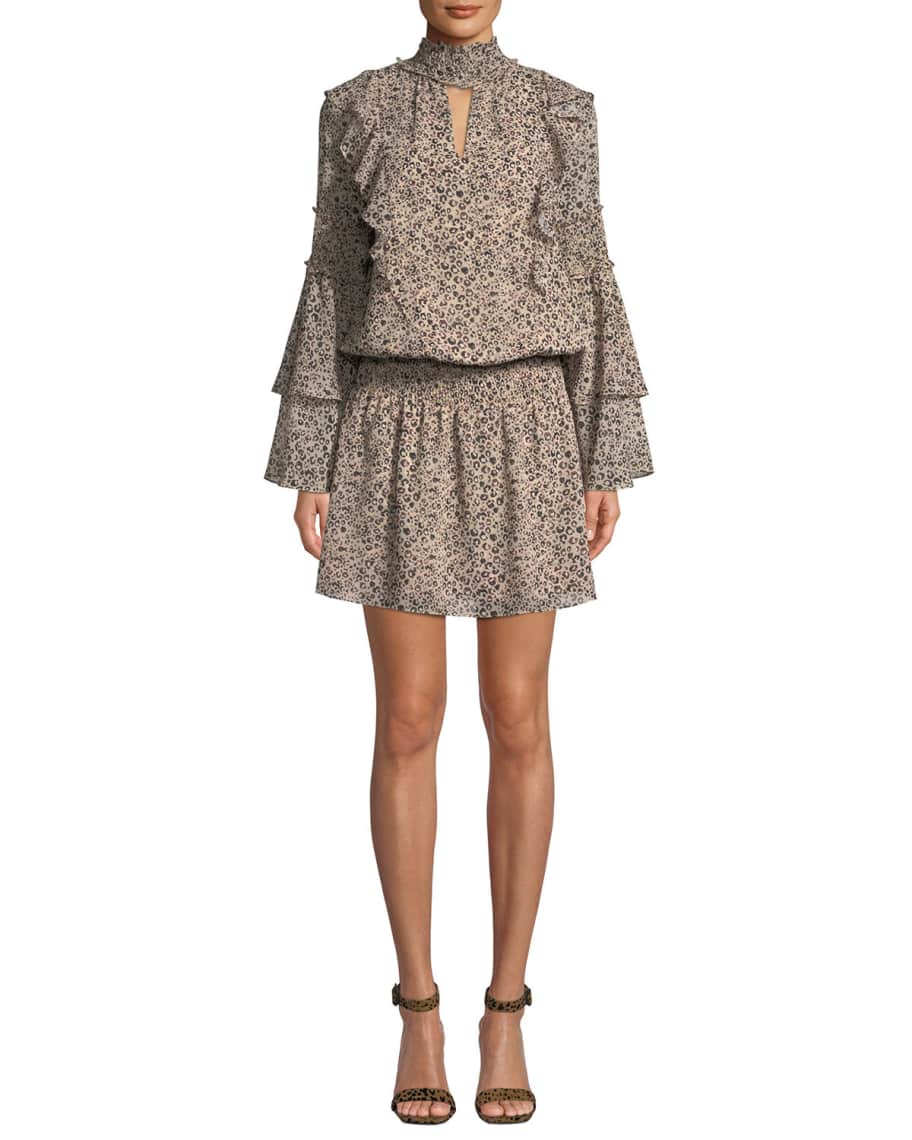 Parker Elliana Printed High-Neck Ruffle Short Dress | Neiman Marcus