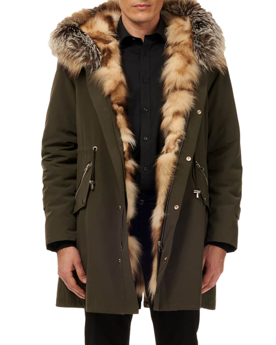 Gorski Men's Fox-Lined Parka Coat w/ Detachable Hood | Neiman Marcus