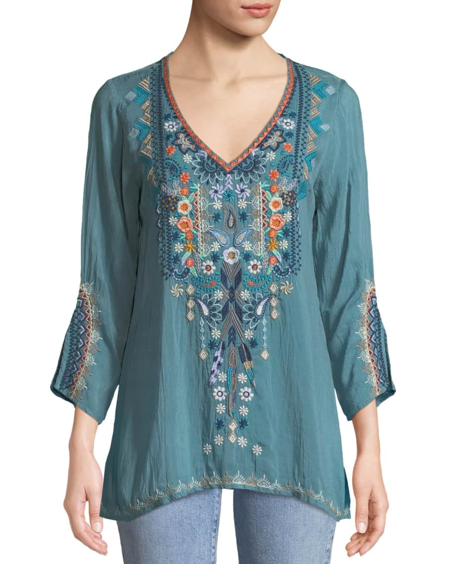 Johnny Was Plus Size Maya V-Neck Embroidered Blouse | Neiman Marcus