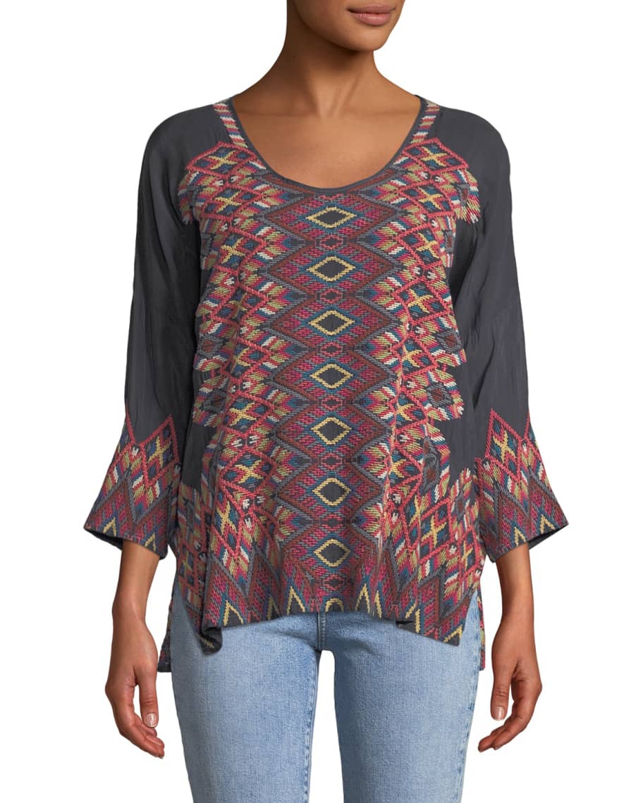 Johnny Was Plus Size Moni 3/4-Sleeve Embroidered Blouse | Neiman Marcus