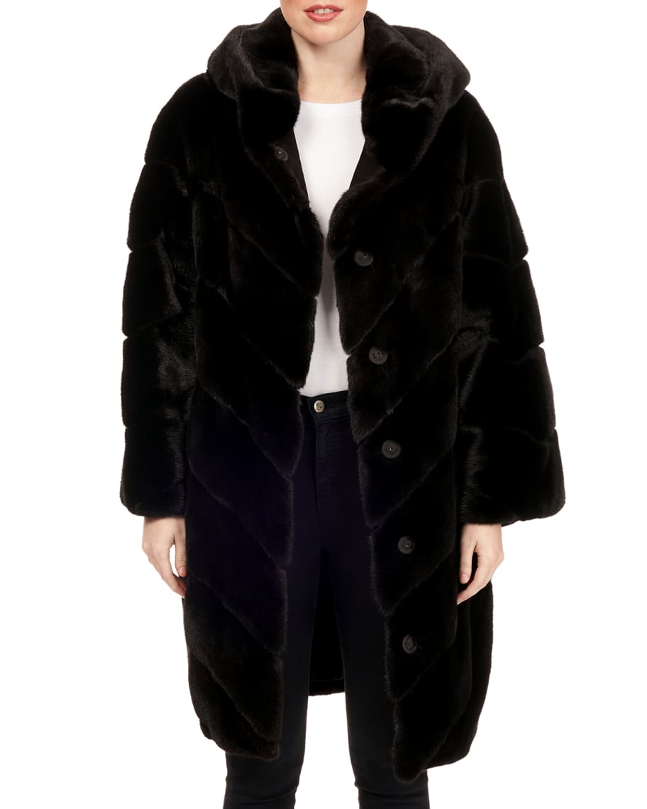 Maurizio Braschi Hooded Mink Chevron Fur Parka Coat w/ Belt | Neiman Marcus