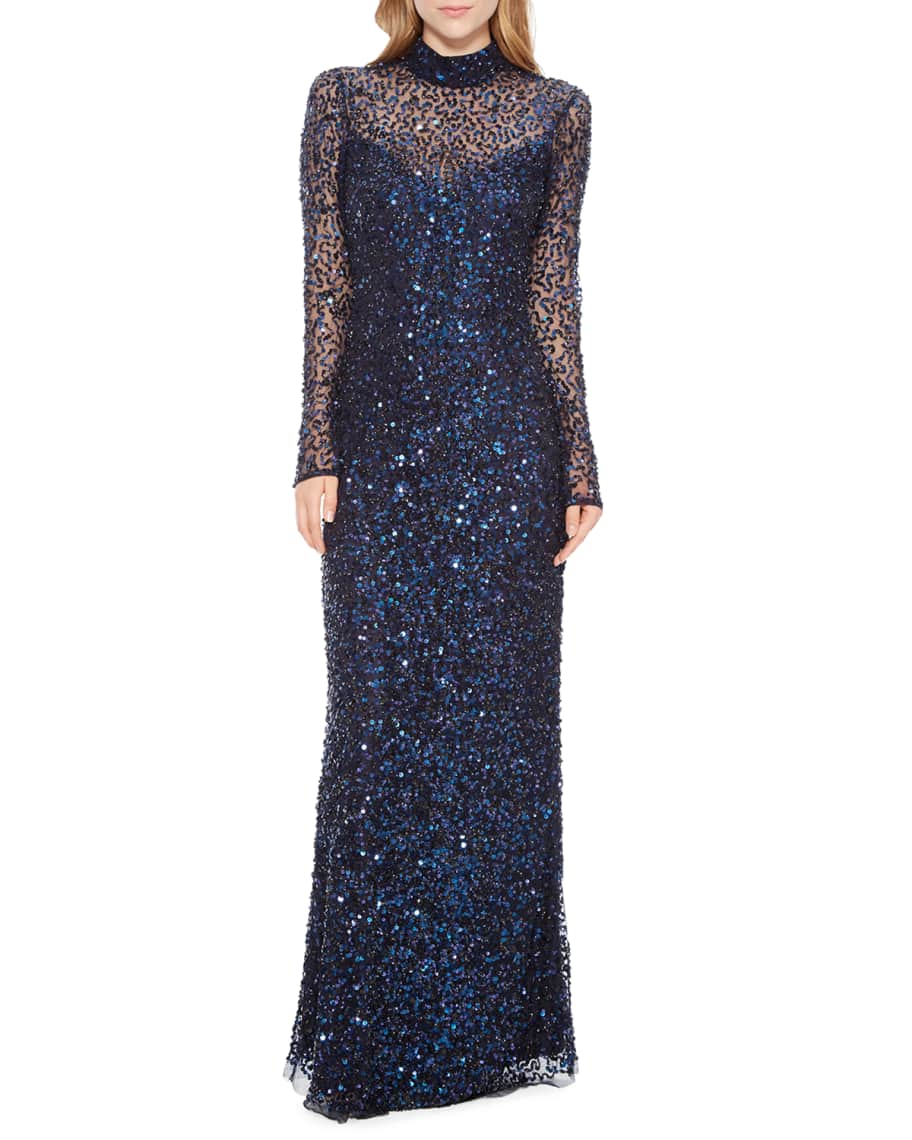 Parker Black Leandra Sequin Long-Sleeve Gown Dress | Neiman Marcus
