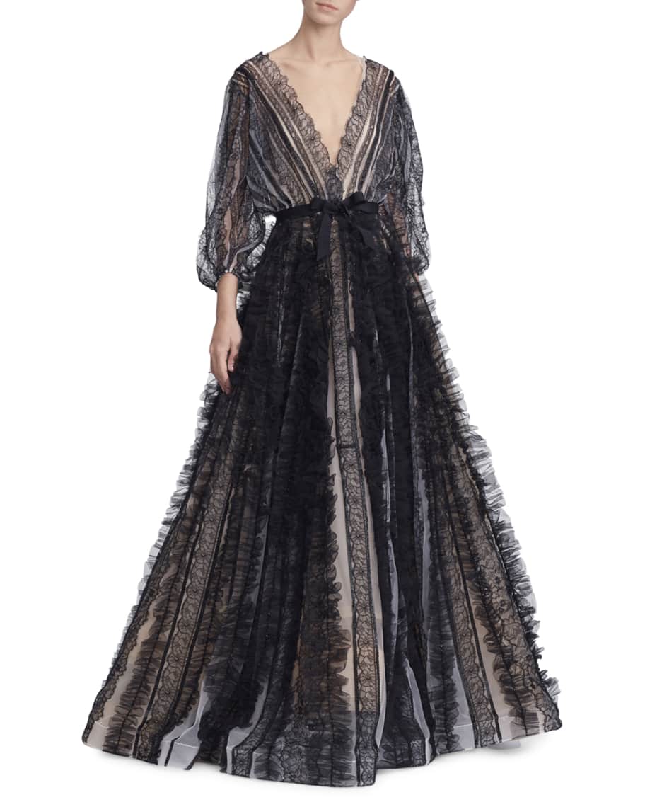 Marchesa Lace-Striped Billowing-Sleeve V-Neck Ball Gown | Neiman Marcus