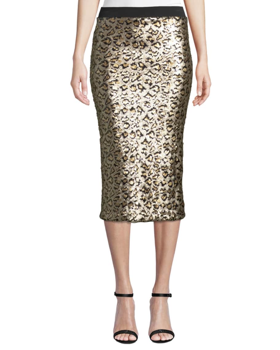 Le Superbe Liza Pull-On Sequin Leopard-Print Midi Skirt | Neiman Marcus