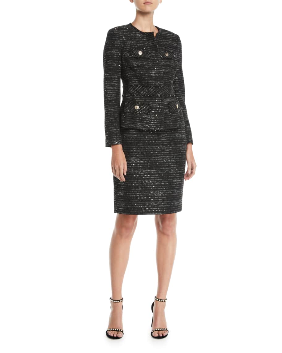  Le Suit Women's Petite Tweed Framed Jacket/Slim Skirt Suit,  Champagne/Silver : Clothing, Shoes & Jewelry