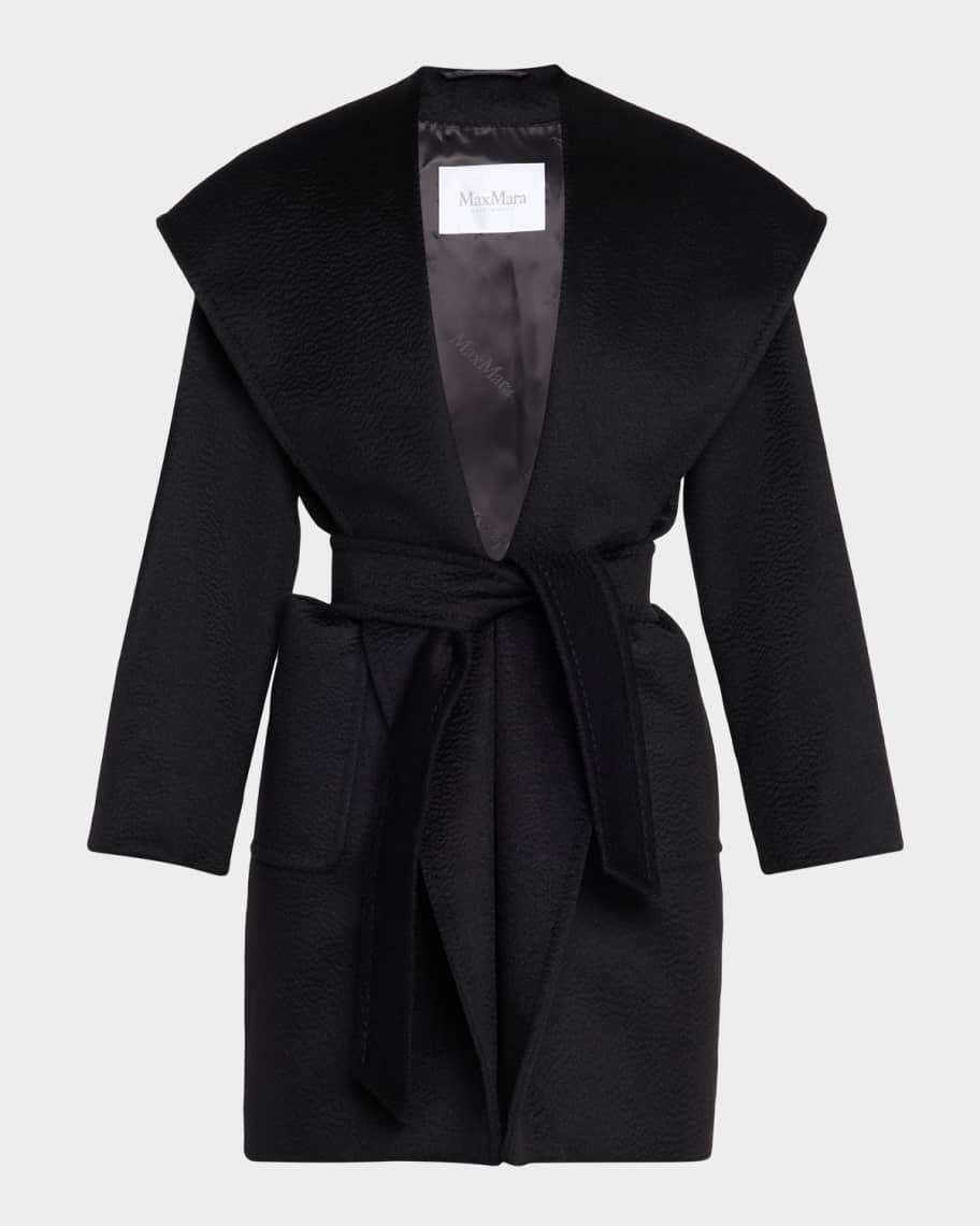 Max Mara Rialto Camel Hair Belted Short Hooded Coat | Neiman Marcus