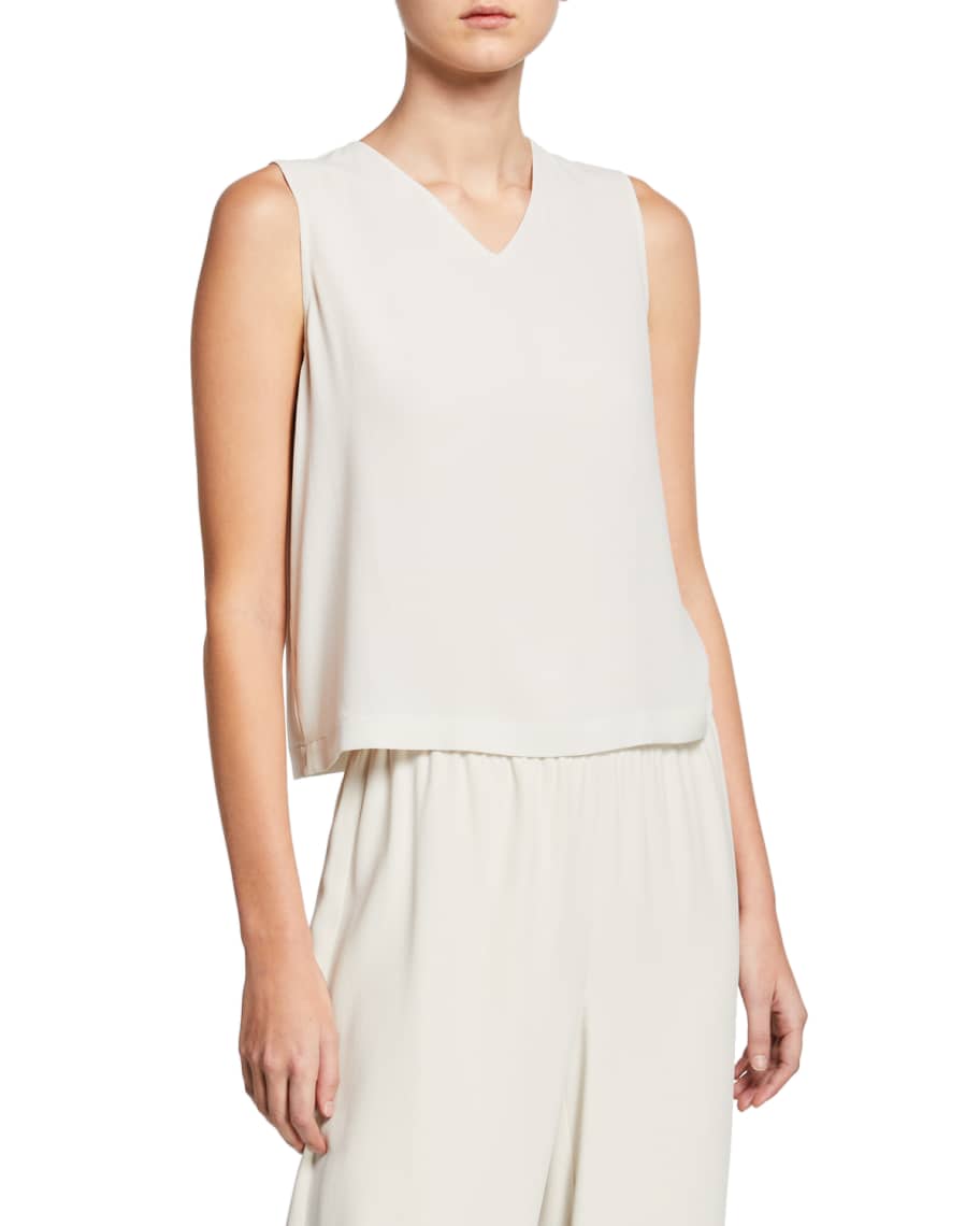 Eileen Fisher V-Neck Silk Crepe Shell with Keyhole-Back | Neiman Marcus