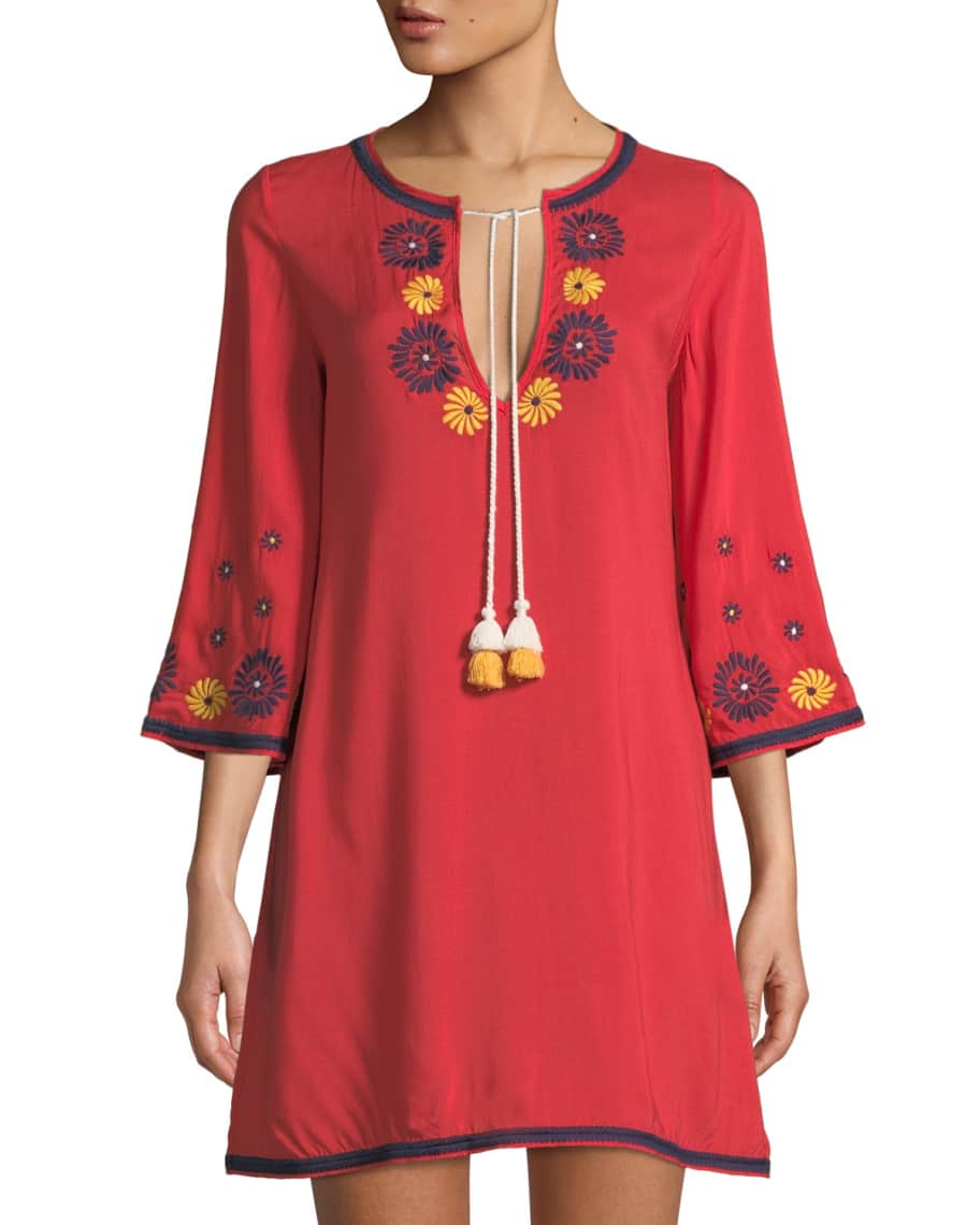 Shoshanna Floral-Embroidered Tie-Neck Coverup Tunic | Neiman Marcus