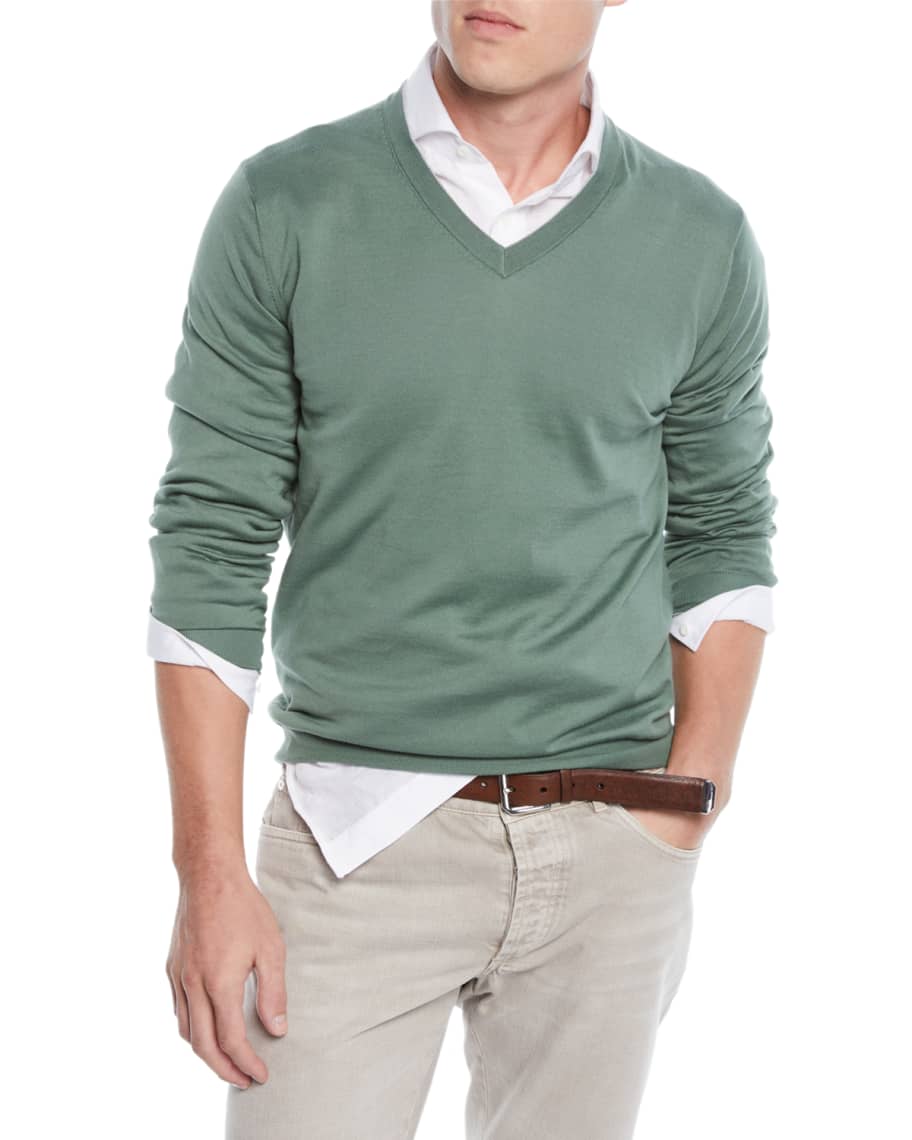 Brunello Cucinelli Men's Cotton V-Neck Sweater | Neiman Marcus