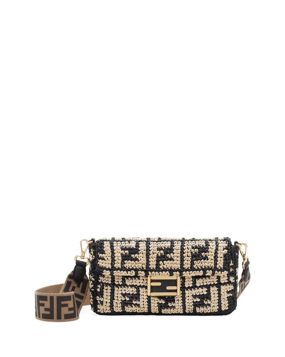 Fendi Black And Cream Raffia Logo Baguette