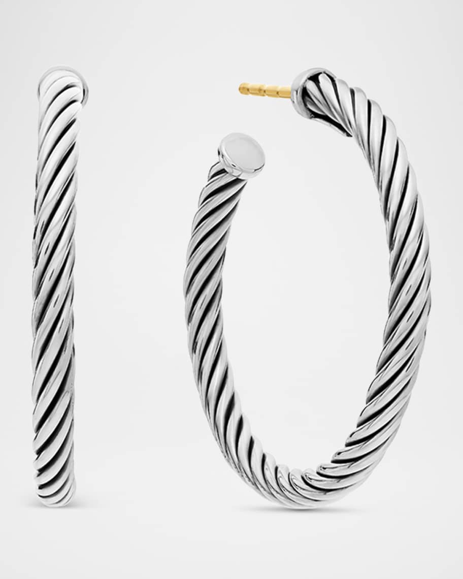 David Yurman Sculpted Cable Hoop Earrings in Silver, 3mm, 1"L