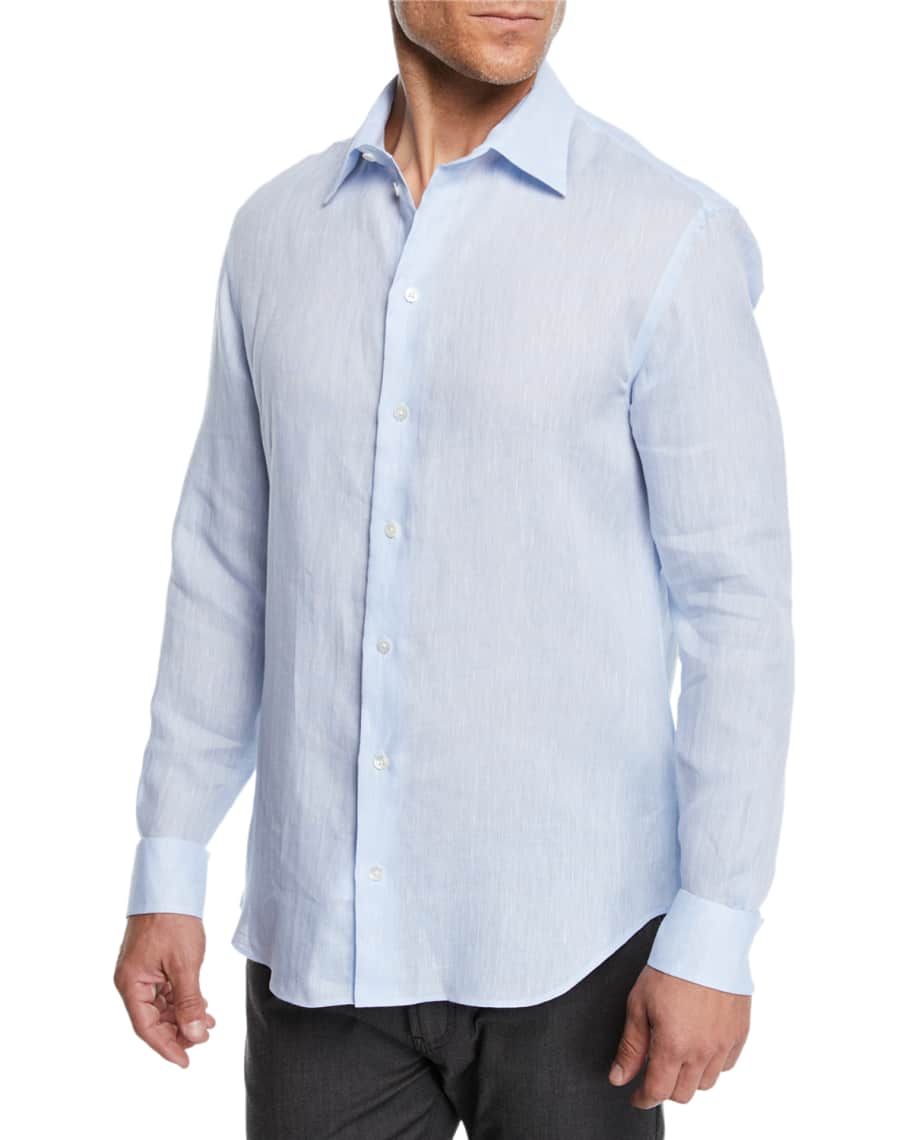 Emporio Armani Men's Linen Sport Shirt, Light Blue | Neiman Marcus