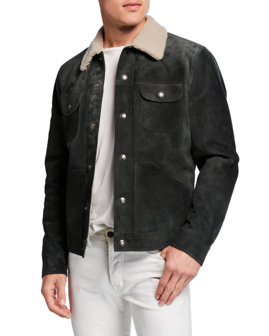 TOM FORD Men's Suede Shearling-Collar Trucker Jacket | Neiman Marcus