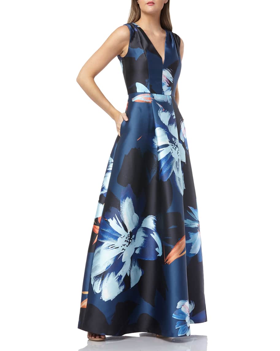 Kay Unger New York Printed V-Neck Sleeveless Mikado Gown with Pockets ...
