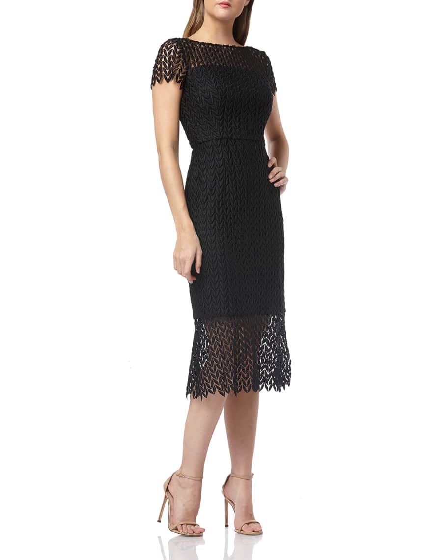 Kay Unger New York Boat-Neck Short-Sleeve Textured Lace Sheath Dress w ...