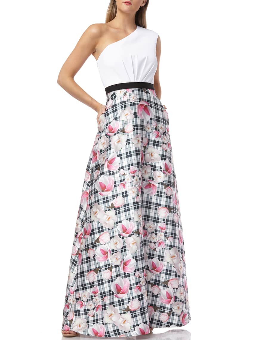 Kay Unger New York One-Shoulder Gown with Printed Mikado Skirt and ...
