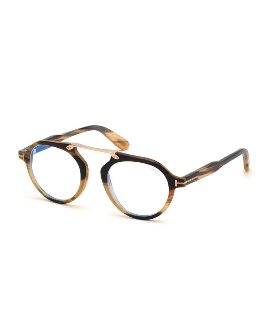 TOM FORD Men's Tom N.15 Shiny Horn Round Blue-Blocking Glasses | Neiman ...