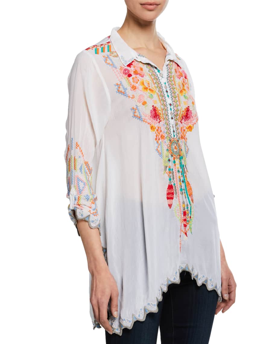 Johnny Was Festival Long-Sleeve Embroidered Georgette Tunic | Neiman Marcus