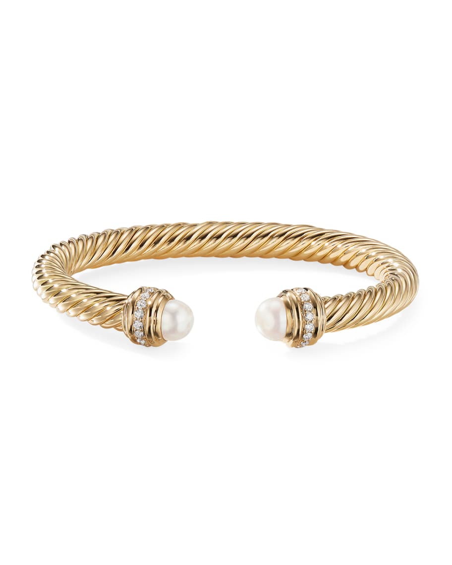David Yurman 18k Gold Cable Bracelet w/ Diamonds & Pearls, 7mm, Size L ...