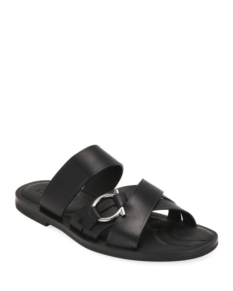 Ferragamo Men's Atina Gancio Leather Slide Sandals | Neiman Marcus