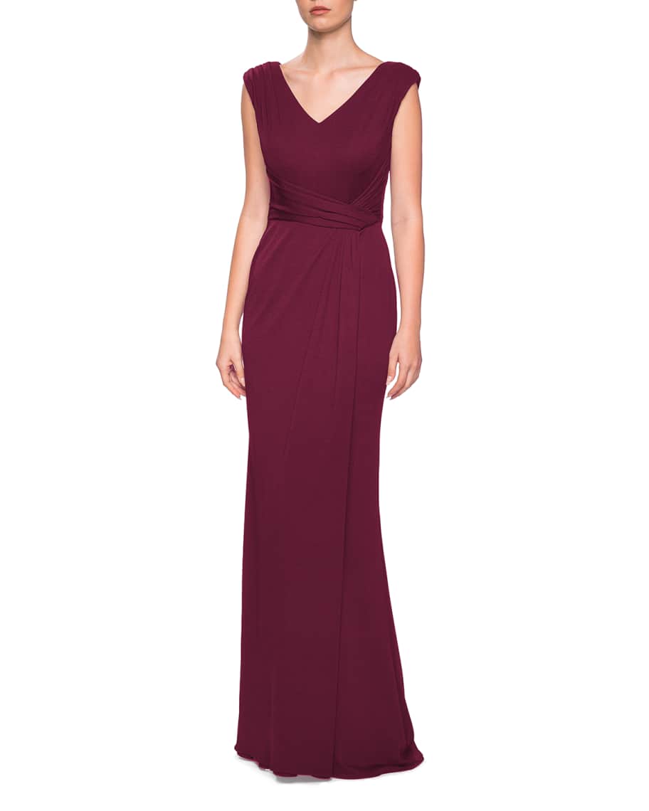 La Femme V-Neck Cap-Sleeve Jersey Column Gown | Neiman Marcus