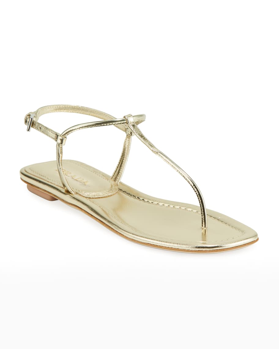Prada Flat Metallic Leather T-Strap Sandals | Neiman Marcus