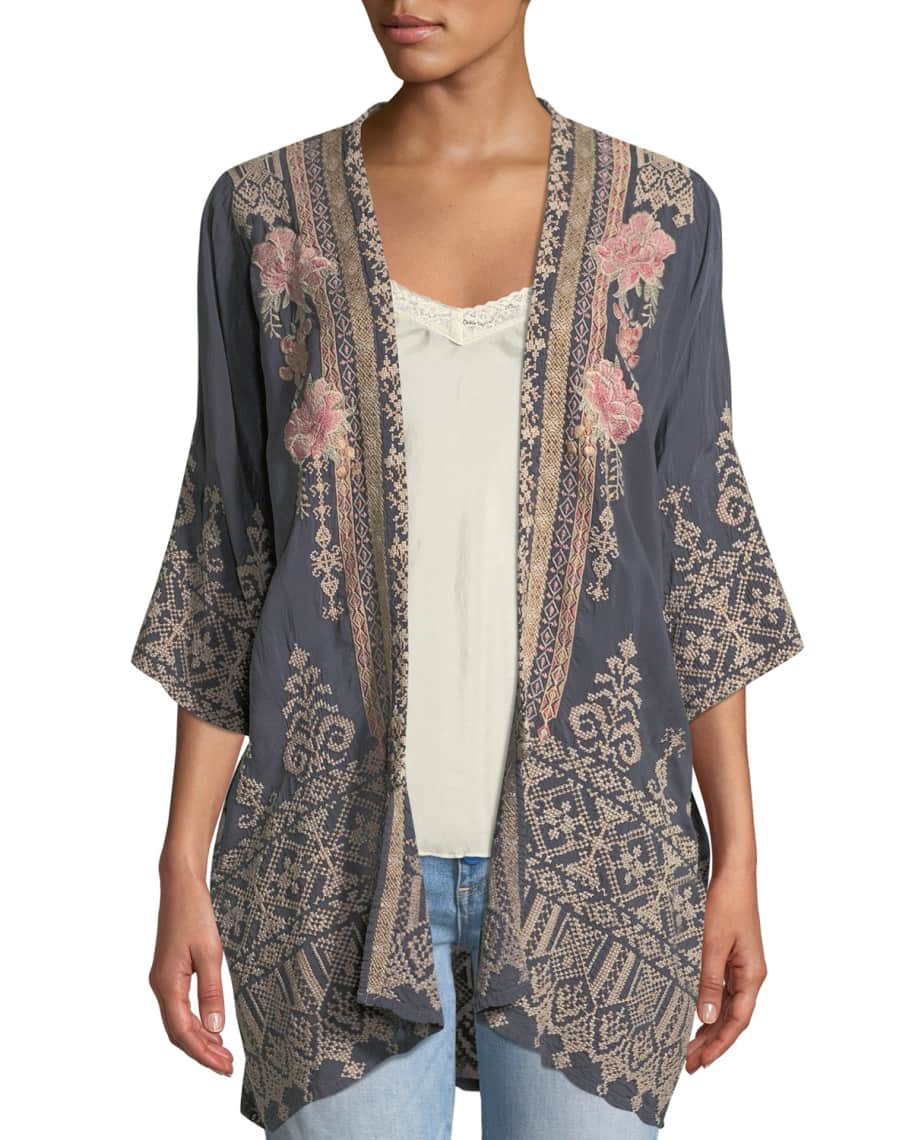 Johnny Was Helena Open-Front 3/4-Sleeve Embroidered Georgette Kimono ...
