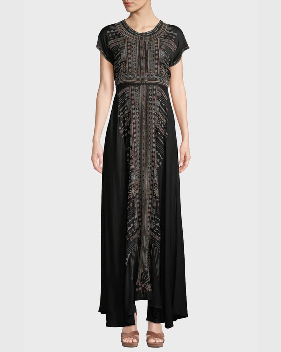 Plus Size Effy Short Sleeve Ikat Embroidered Stretch Challis Maxi Dress