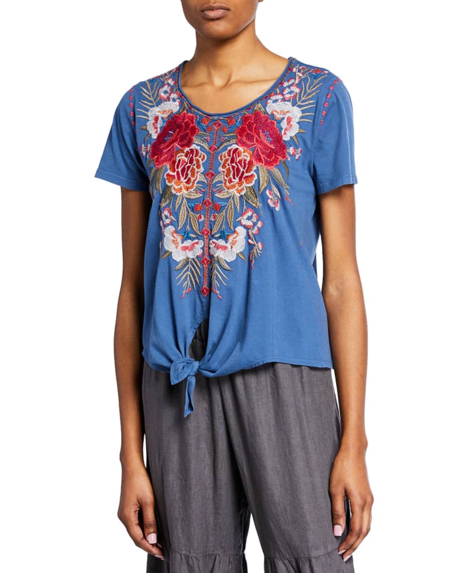 Johnny Was Plus Size Burke Scoop Neck Short Sleeve Knot Front T