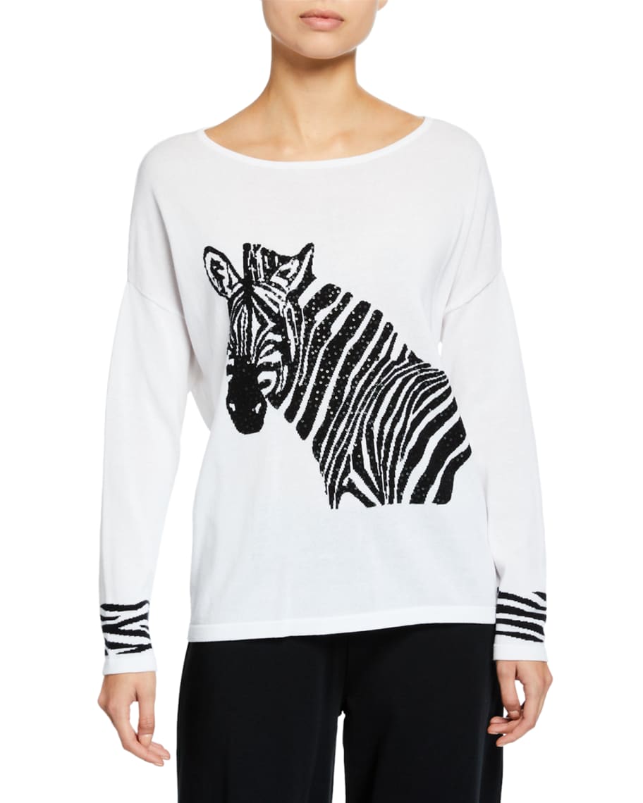 Joan Vass Boat Neck Sequined Zebra Intarsia Sweater w Cuff Detail