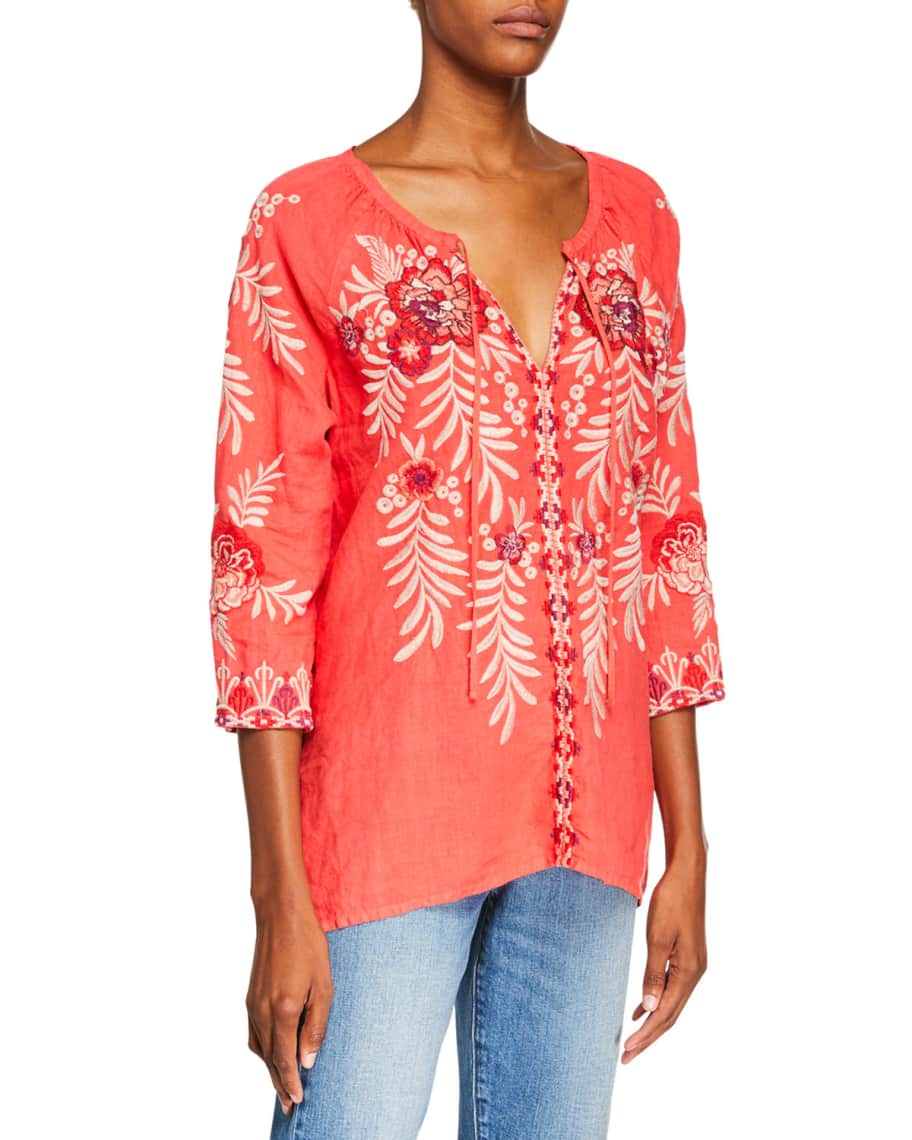 Johnny Was Maya Embroidered Linen Tie Neck Peasant Blouse Neiman