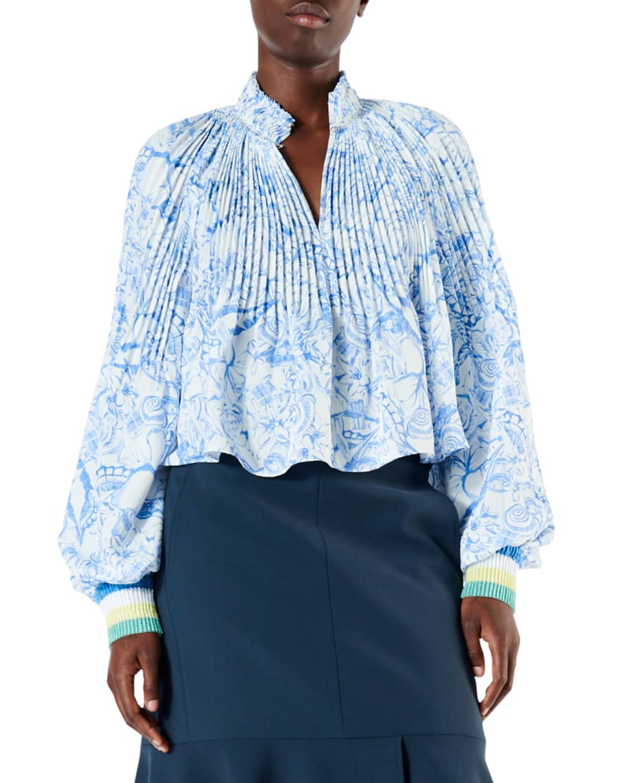 Tibi Isa Toile Pleated Cropped Blouse with Ribbed Cuffs Neiman