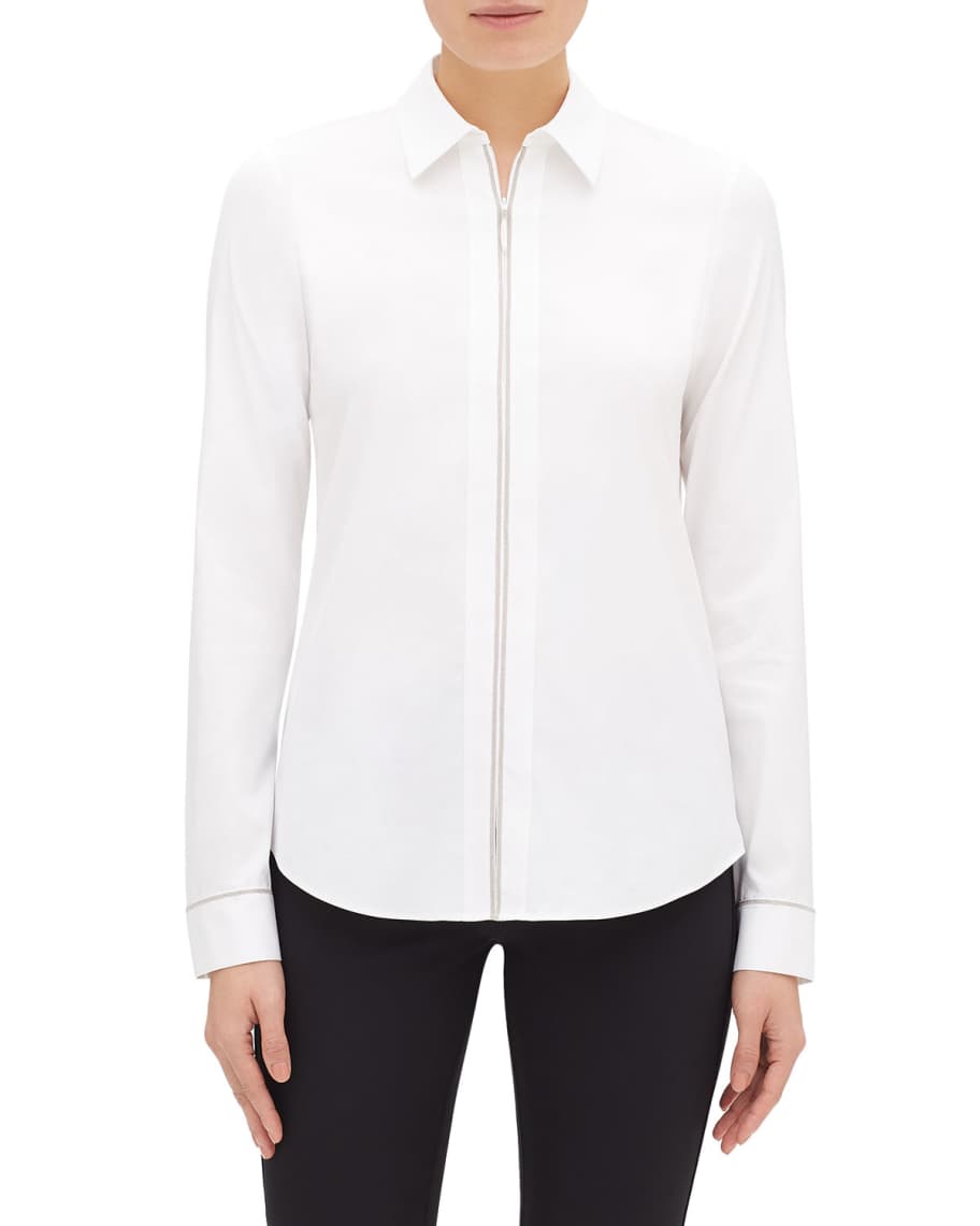 Lafayette 148 New York Pierce Zip-Front Long-Sleeve Blouse with Chain ...