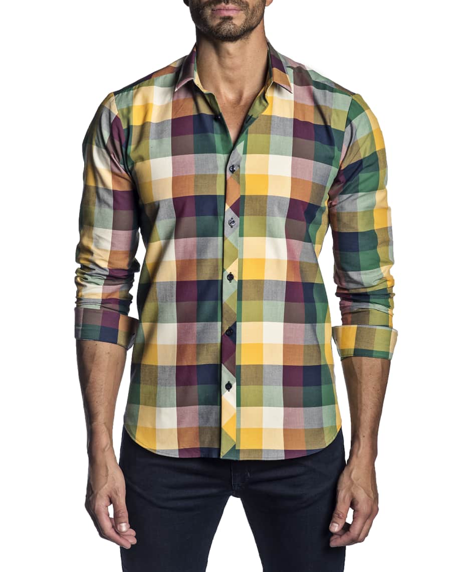 Jared Lang Men's Semi-Fitted Checkered Button-Down Shirt | Neiman Marcus