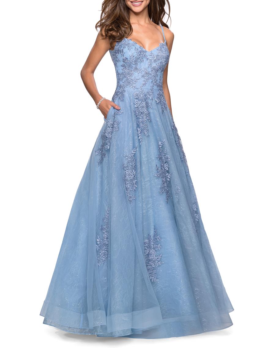 La Femme V-Neck Sleeveless Ball Gown with Floral Lace Applique | Neiman ...