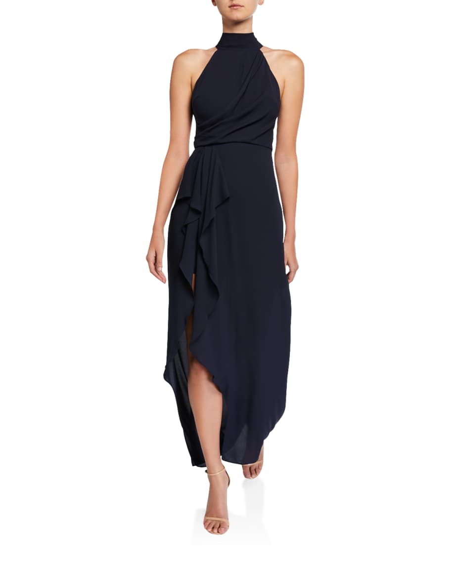 Halston Mock-Neck Halter Gown with Draped Front Detail | Neiman Marcus