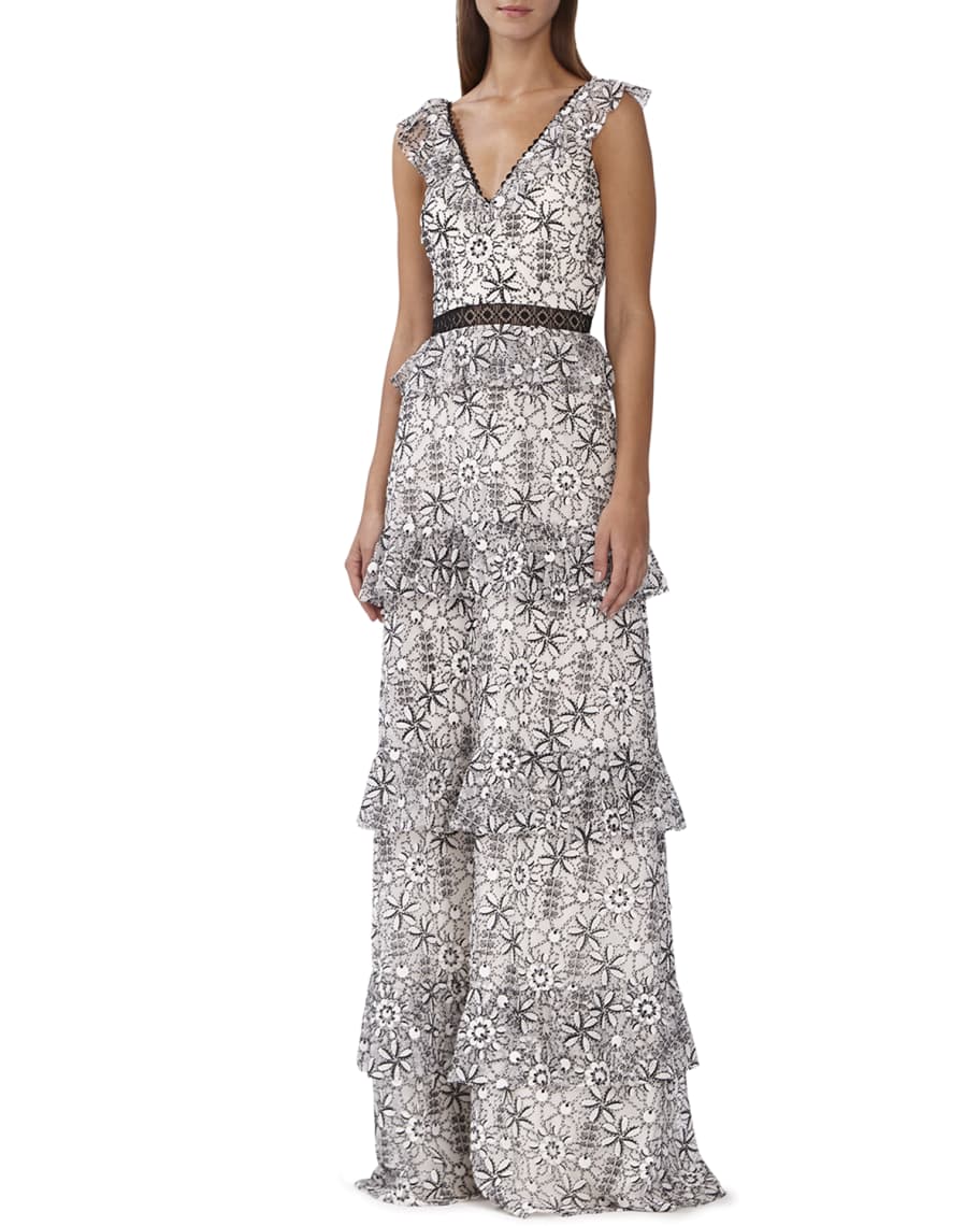 ML Monique Lhuillier Floral Print Tiered Maxi Dress Neiman Marcus