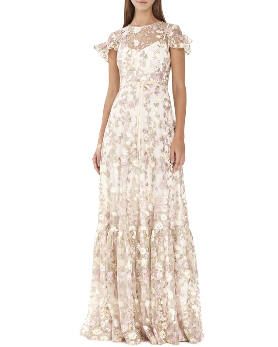 ML Monique Lhuillier Floral-Embroidered Short-Sleeve Mesh Dress ...