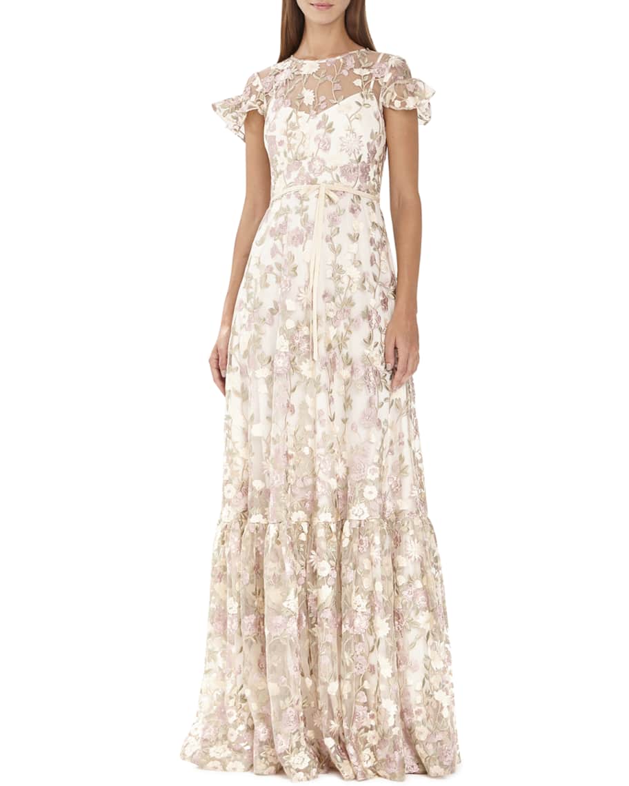 ML Monique Lhuillier Floral-Embroidered Short-Sleeve Mesh Dress | Neiman  Marcus