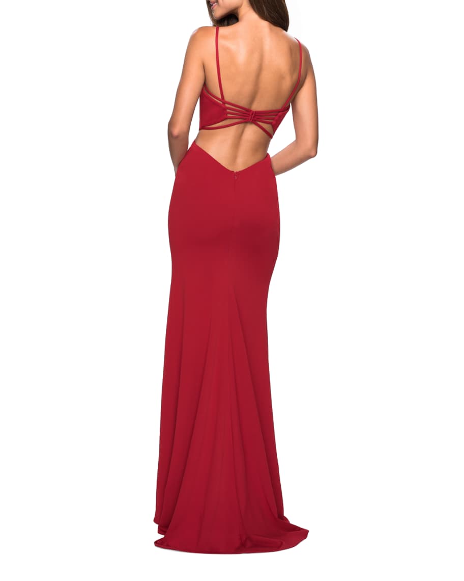 La Femme V Neck Sleeveless Strappy Back Jersey Gown Neiman Marcus
