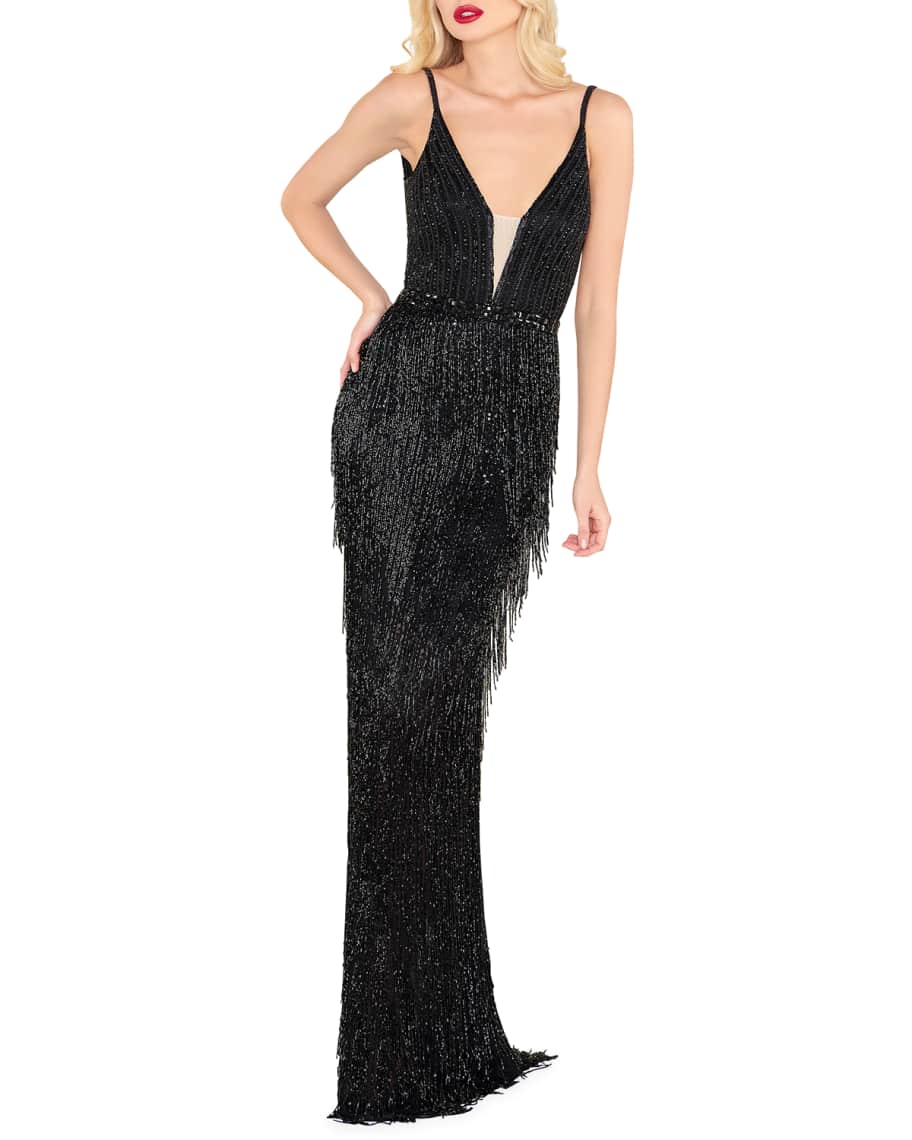 Mac Duggal Plunging-Neck Beaded Fringed Gown | Neiman Marcus