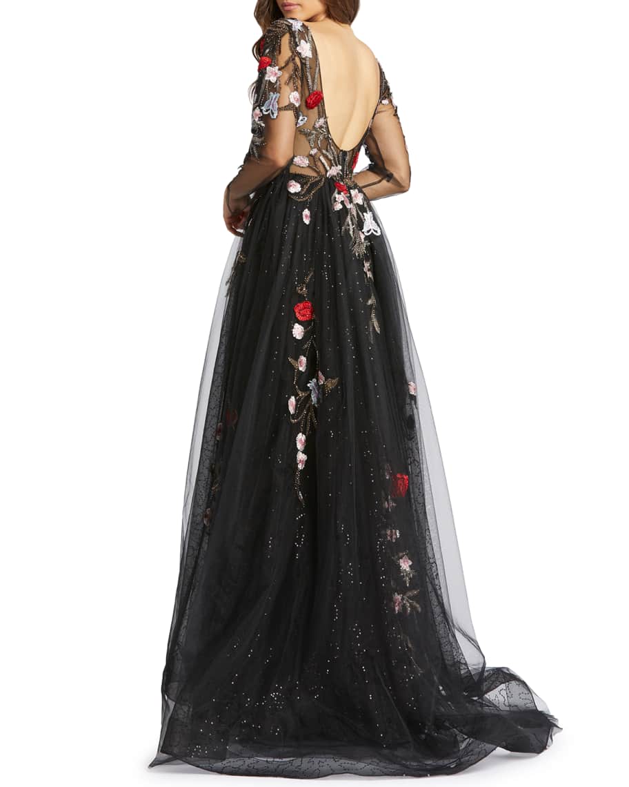Mac duggal floral embroidered long sleeve plunging neck gown clearance