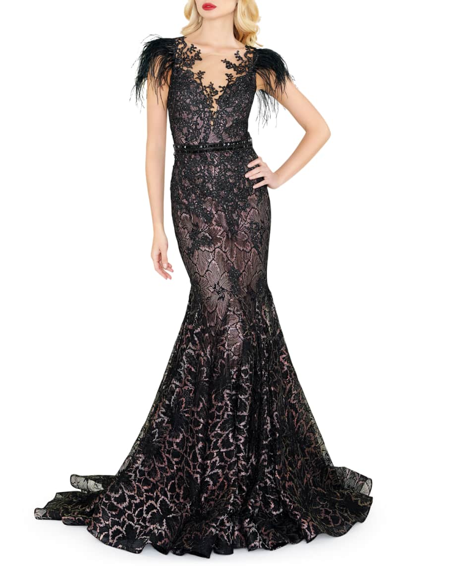 Mac Duggal Feather Embellished Cap-Sleeve Dress | Neiman Marcus