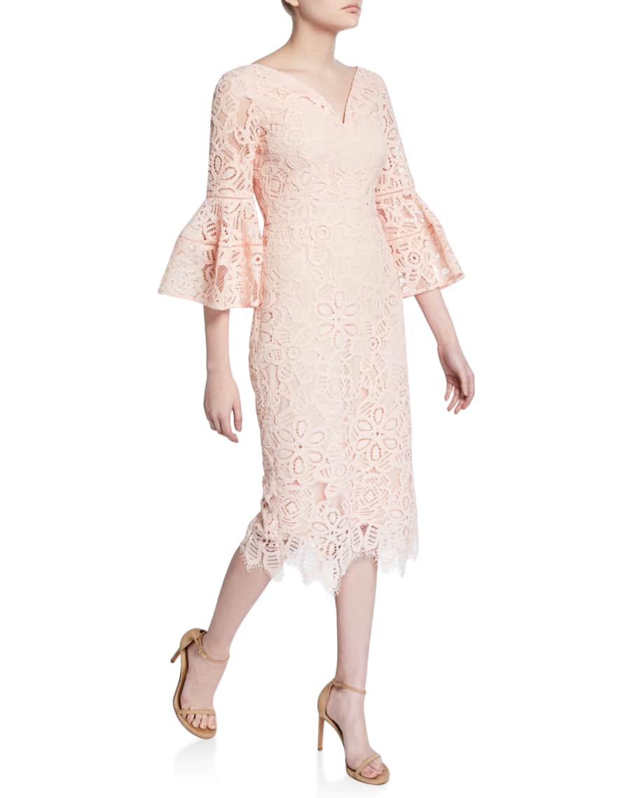 Lela Rose V-Neck Flutter-Sleeve Guipure Lace Dress | Neiman Marcus