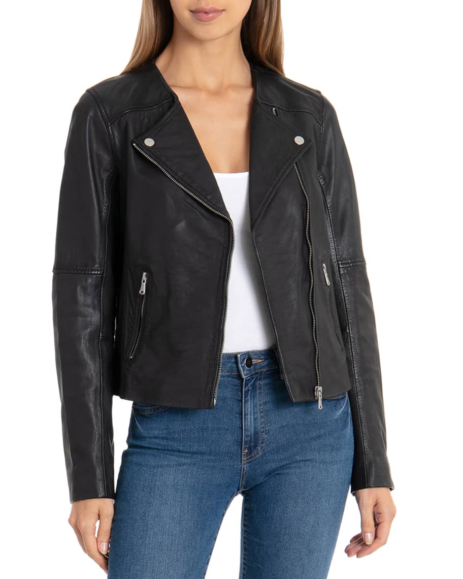 Badgley Mischka Collarless Lamb Leather Bike Jacket Neiman Marcus