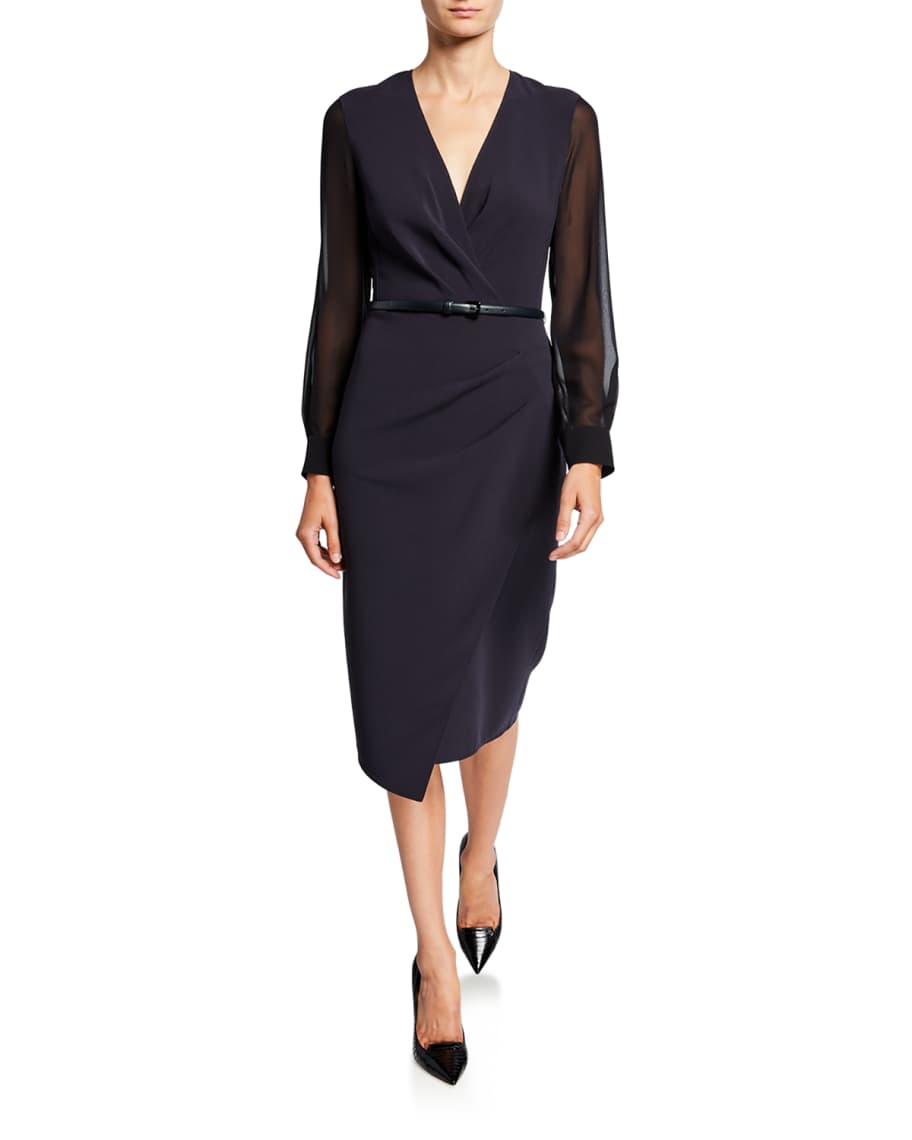 Buy Oscar De La Renta 3/4 Sleeve Belted Midi Dress - Vermilion At