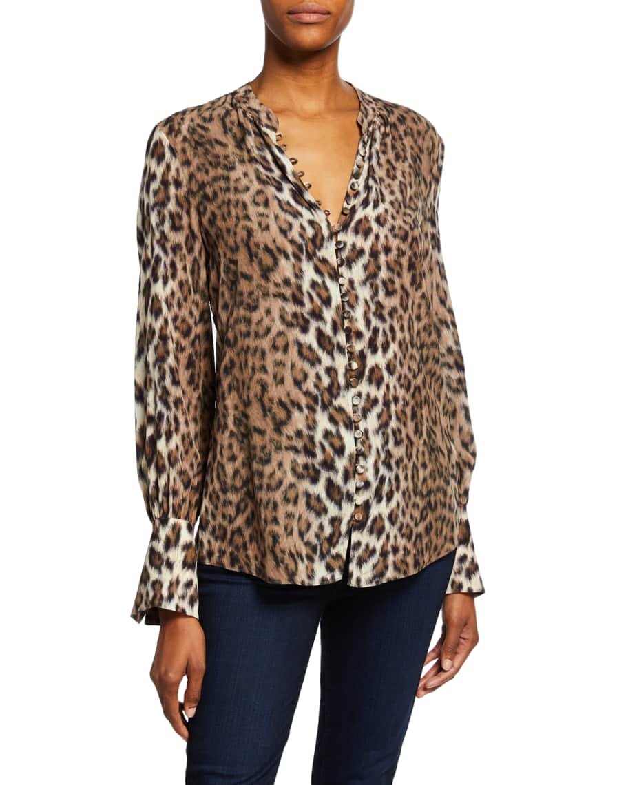 Joie Tariana Leopard-Print Button-Front Long-Sleeve Top | Neiman Marcus
