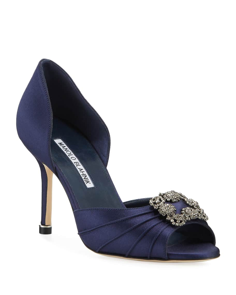 Manolo Blahnik Cassiado Ornamented Satin Open-Toe Pumps | Neiman Marcus