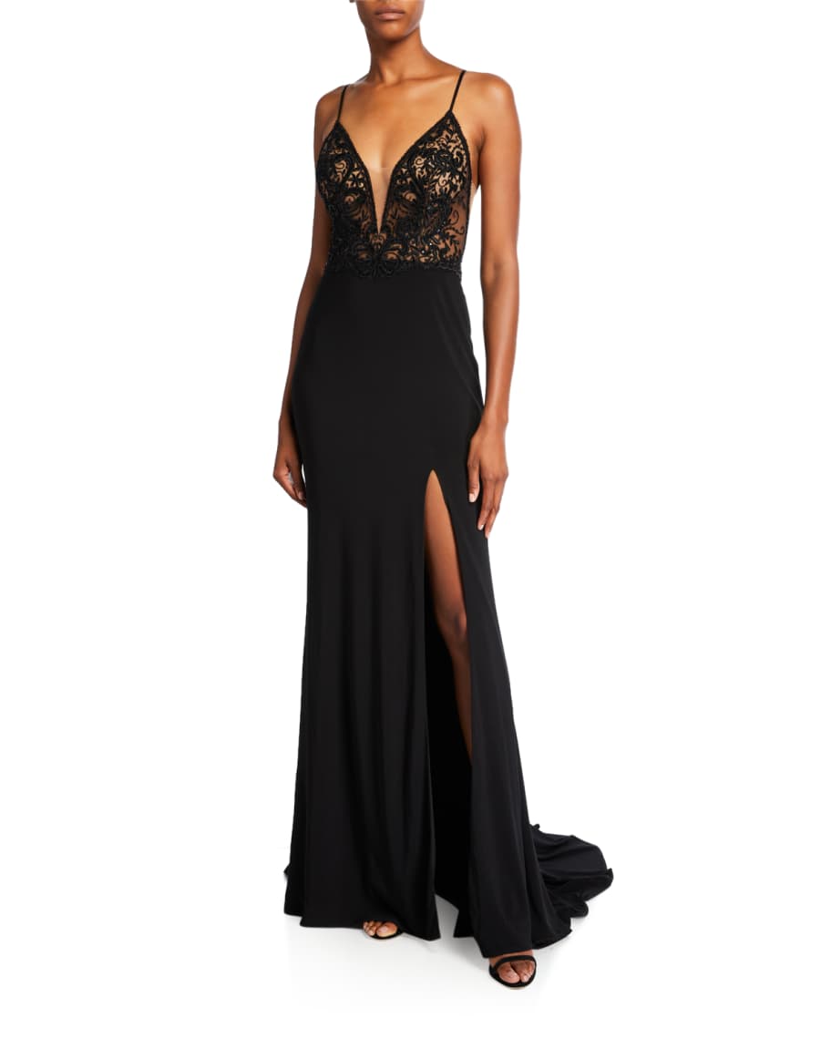 Faviana V-Neck Sleeveless Jersey Gown with Embroidered Bodice | Neiman Marcus